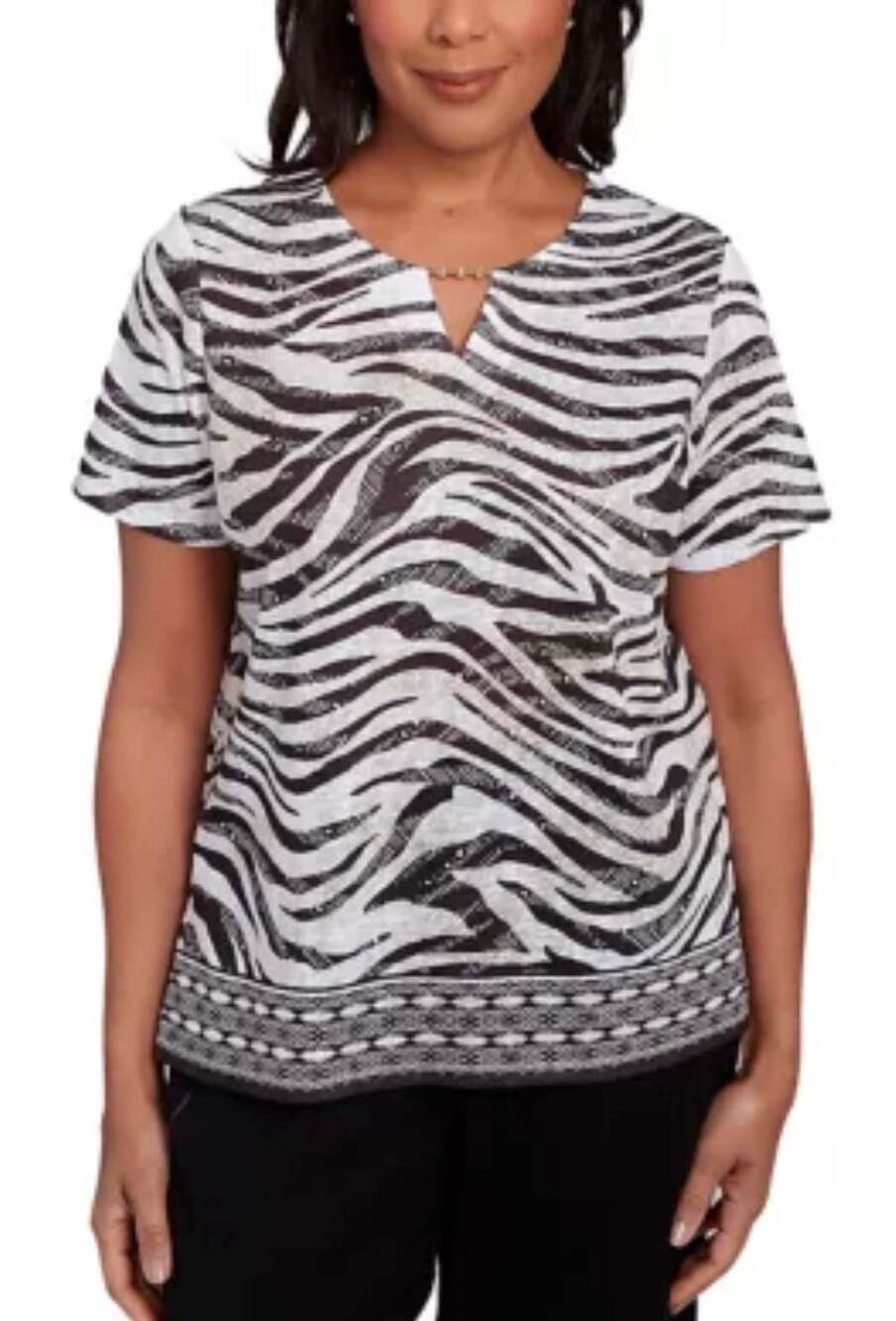 Alfred Dunner Zebra Print Blouse Top XL Split V-Neck Short Sleeve